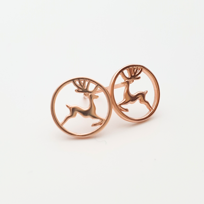 Round Reindeer Earrings Rose Gold