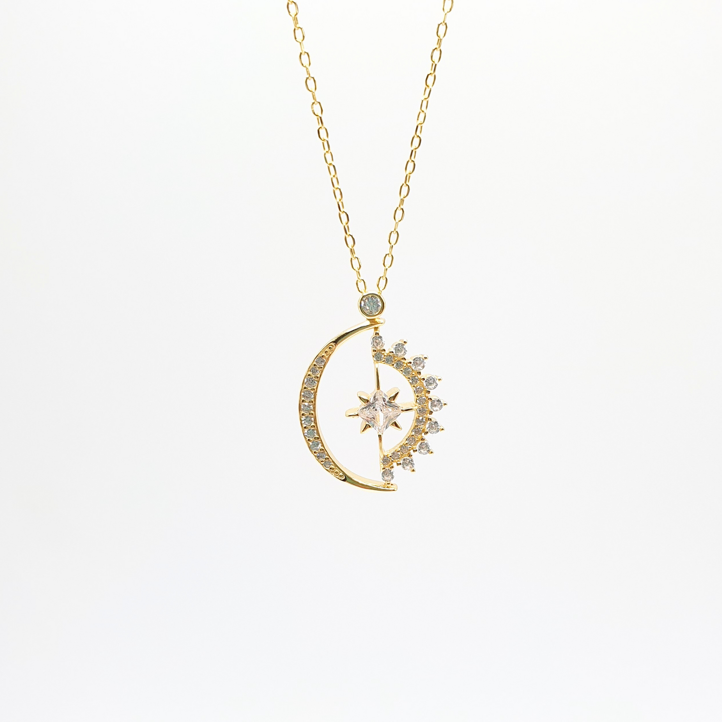 Sun Moon and Star Half Rotate 14k Gold Plated Pendant Necklace