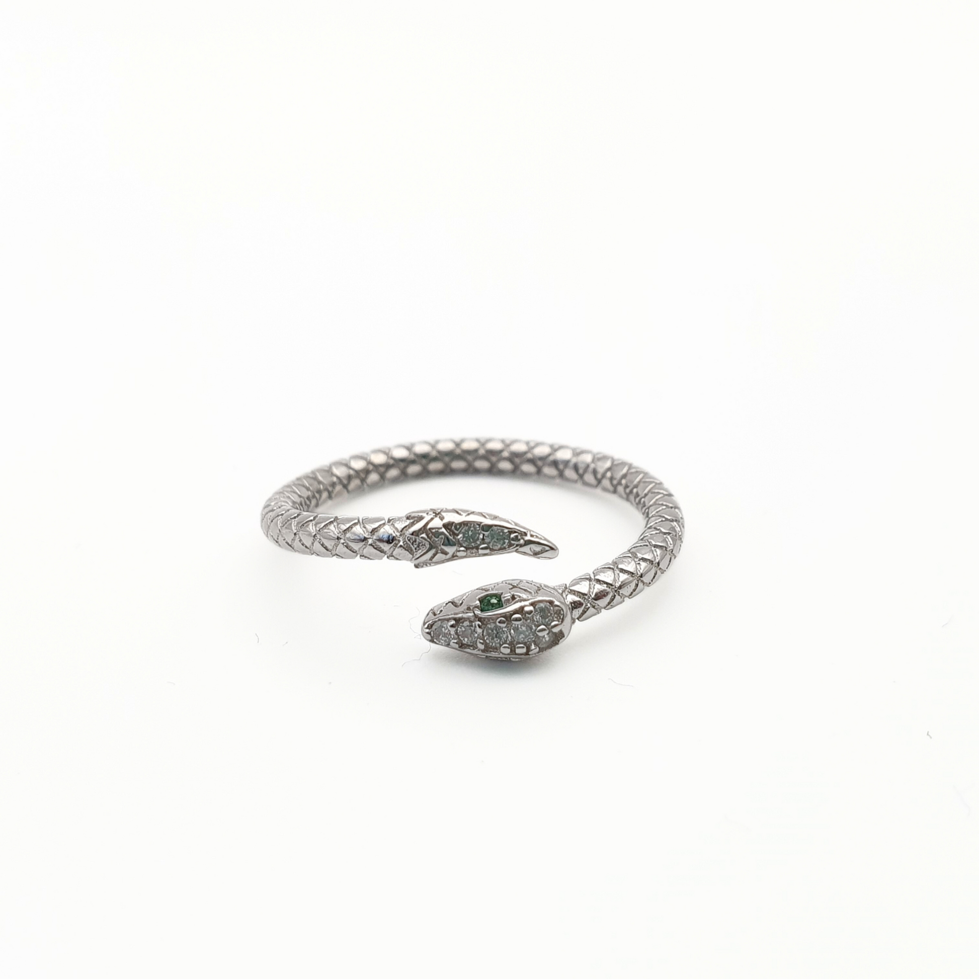 Green Eyed Snake Ring - Silver - Front view