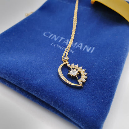 Sun Moon and Star Half Rotate 14k Gold Plated Pendant Necklace