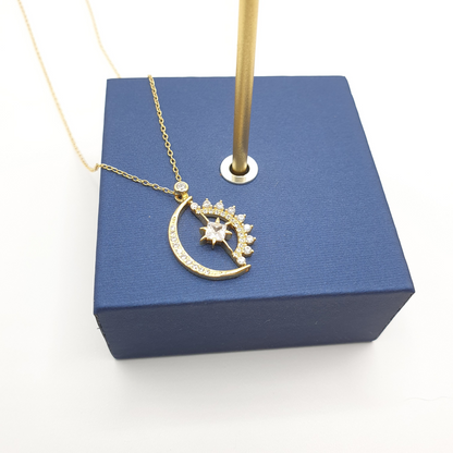 Sun Moon and Star Half Rotate 14k Gold Plated Pendant Necklace