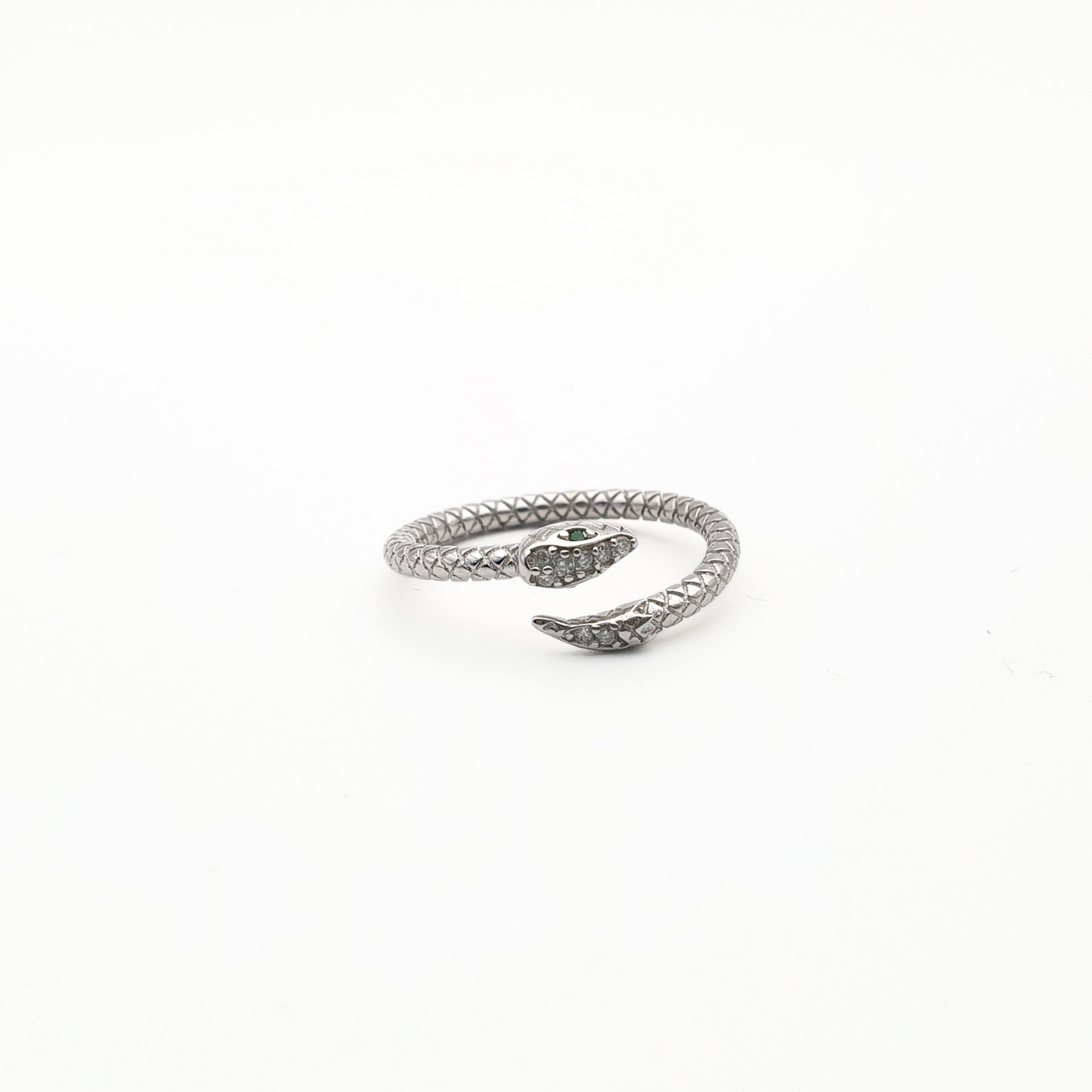 Green Eyed Snake Ring - Silver - Front View - on side