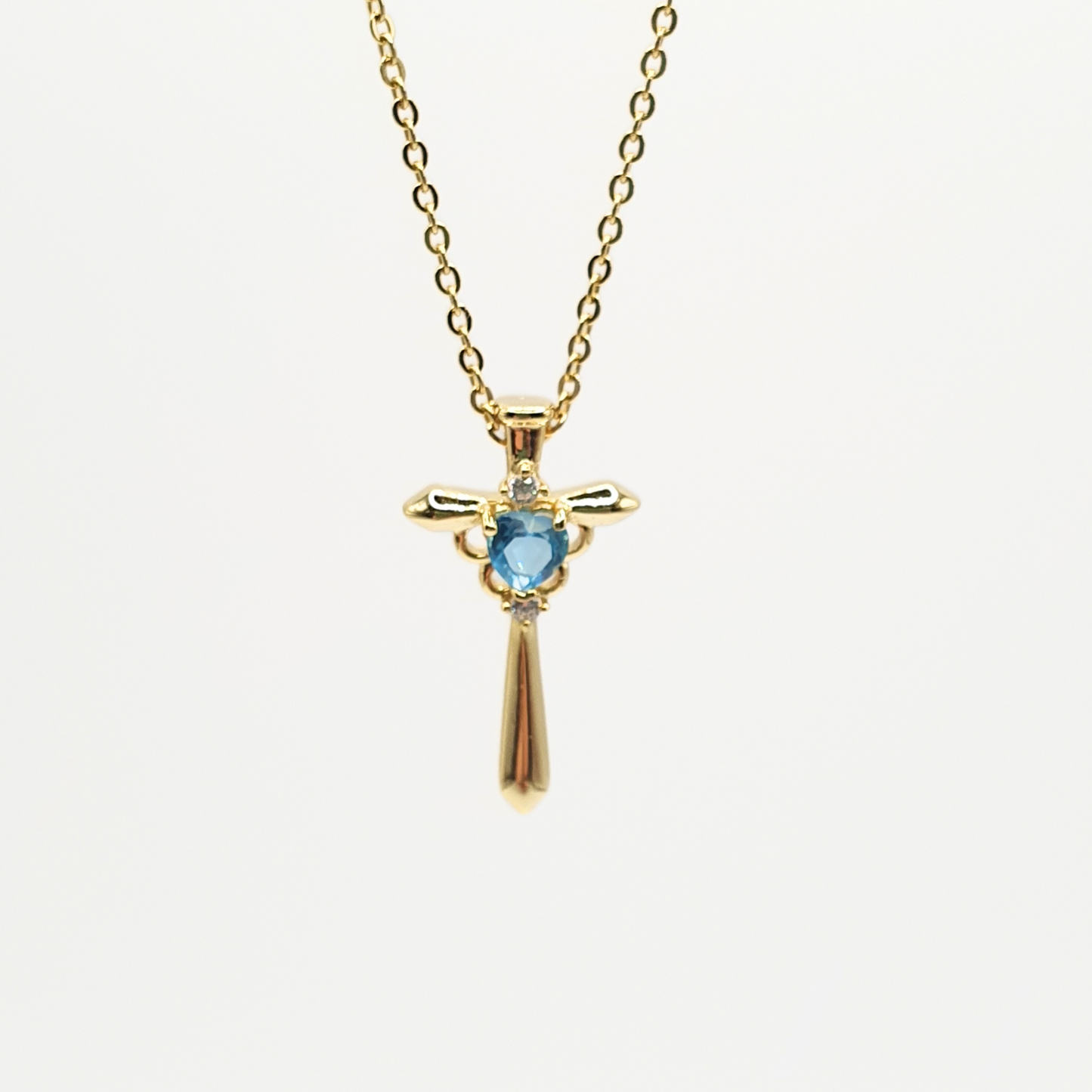 Simulated Aquamarine Heart Cross Pendant Necklace