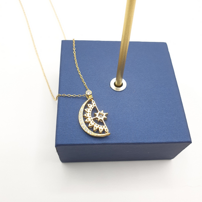 Sun Moon and Star Half Rotate 14k Gold Plated Pendant Necklace