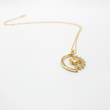 Sun Moon and Star Half Rotate 14k Gold Plated Pendant Necklace