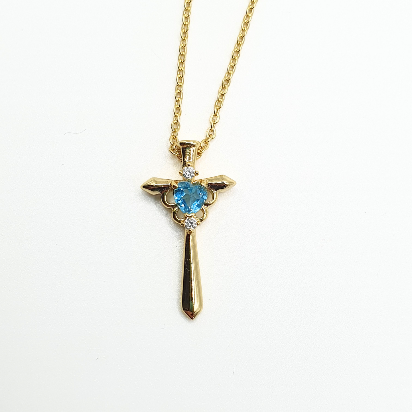 Simulated Aquamarine Heart Cross Pendant Necklace