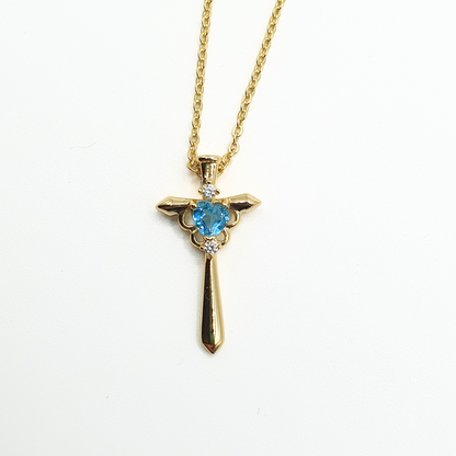 Simulated Aquamarine Heart Cross Pendant Necklace