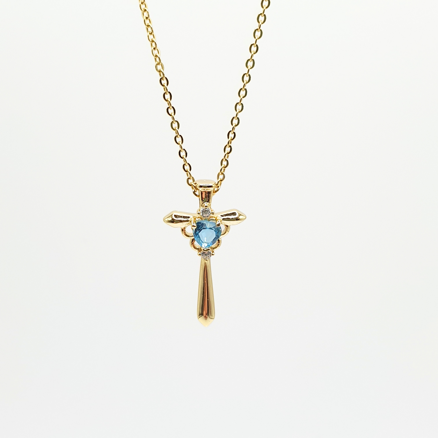 Simulated Aquamarine Heart Cross Pendant Necklace