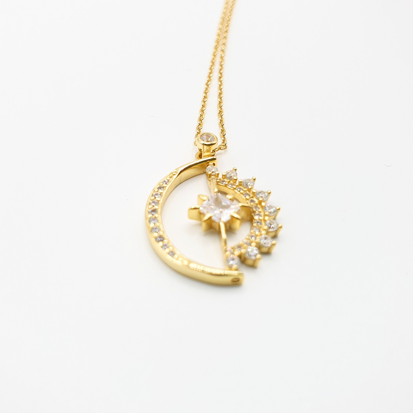 Sun Moon and Star Half Rotate 14k Gold Plated Pendant Necklace