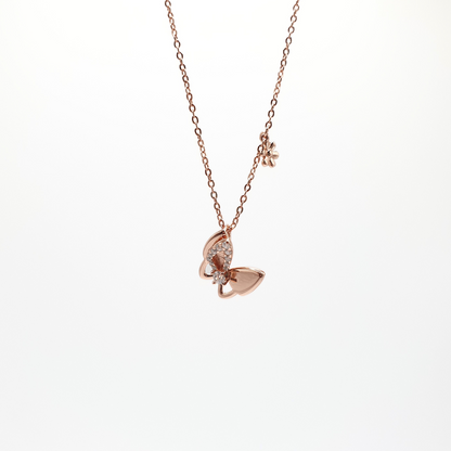 Butterfly and Flower Pendant Necklace Rose Gold