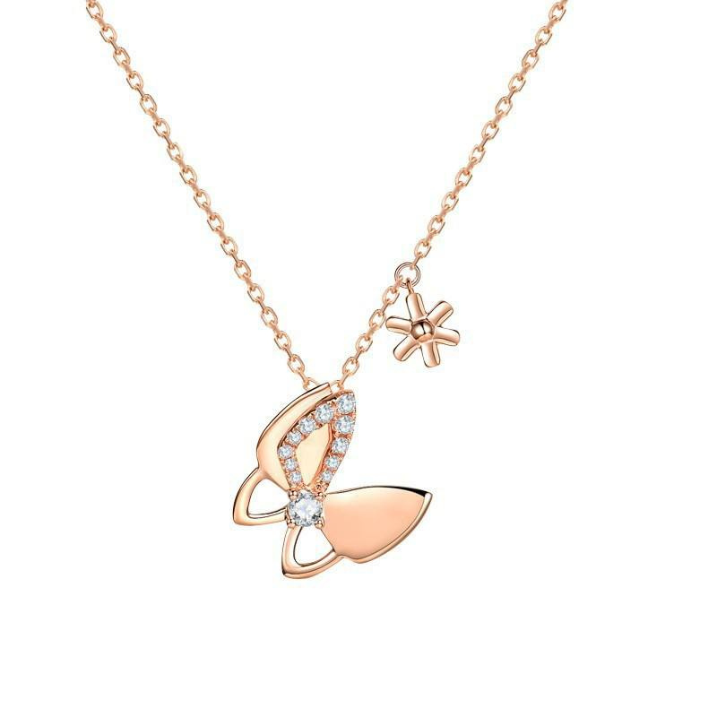 Butterfly and Flower Pendant Necklace Rose Gold