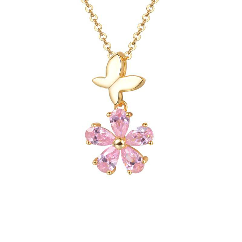 Pink Zirconia Flower and Butterfly Necklace