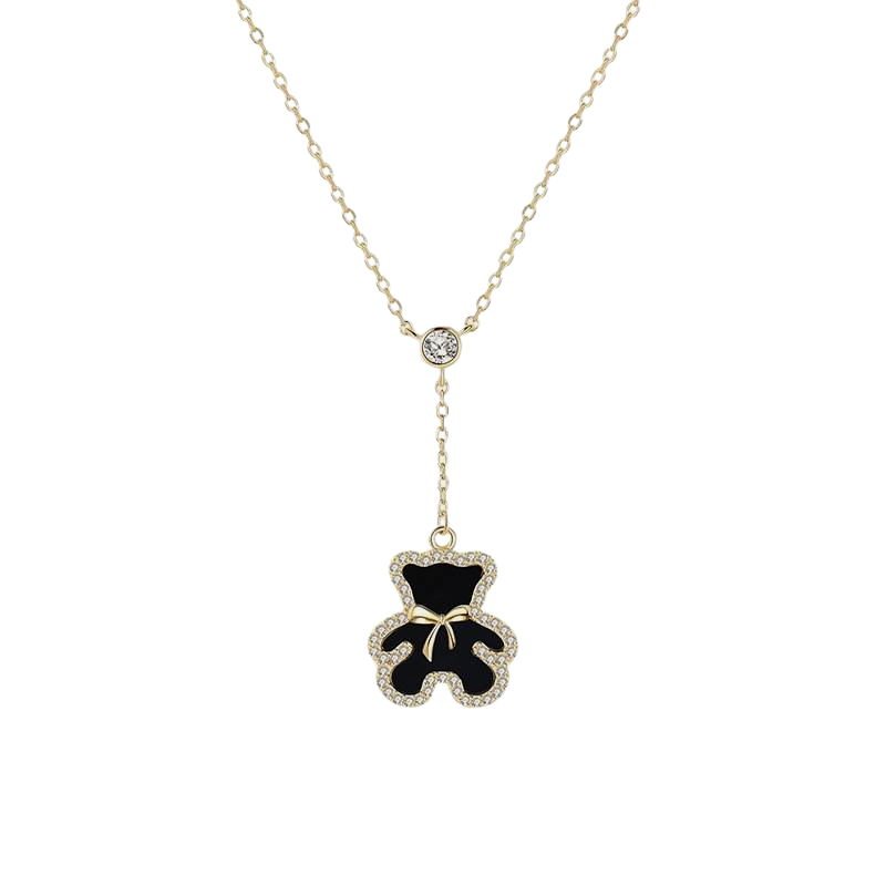 Glitzy Black Bear Pendant Necklace Gold