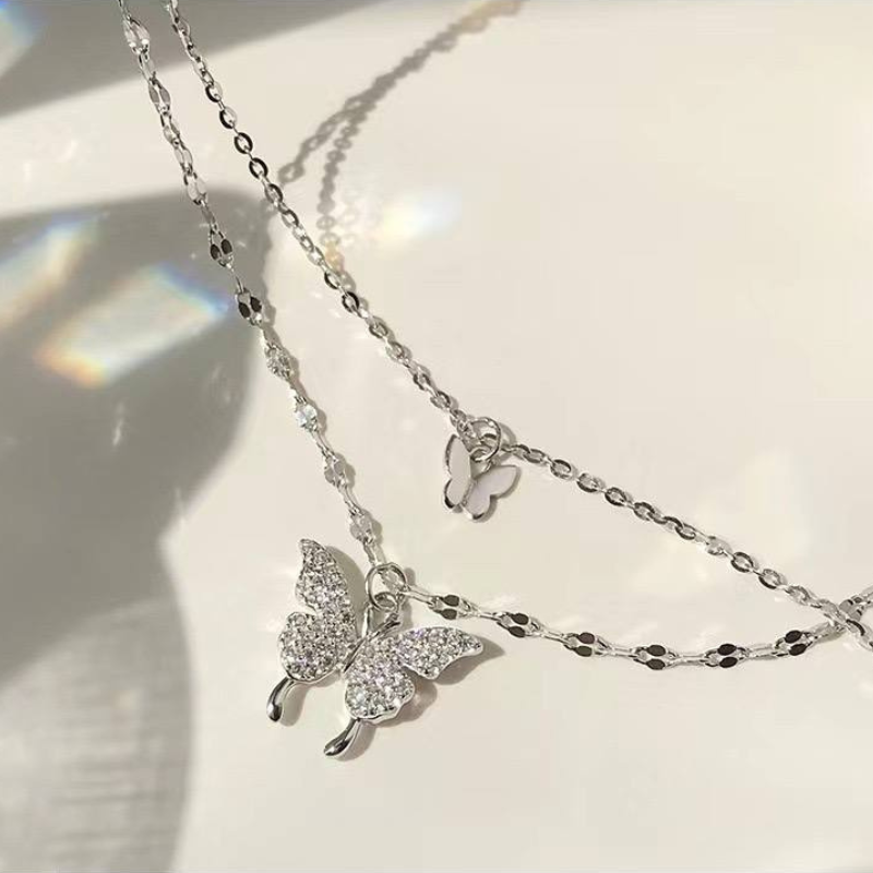 Butterfly Layered Multi-Chain Silver Necklace