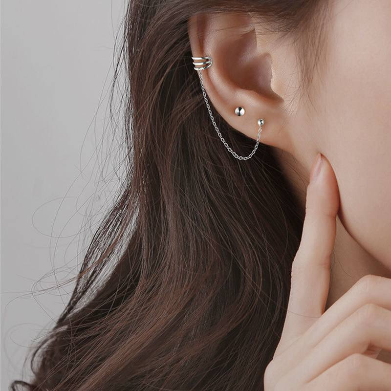 Three Rings Drop Chain Stud Cuff Earring