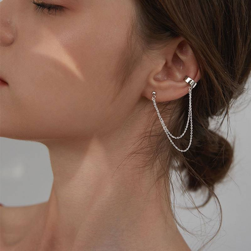 Double Chain Drop Cuff Stud Earrings