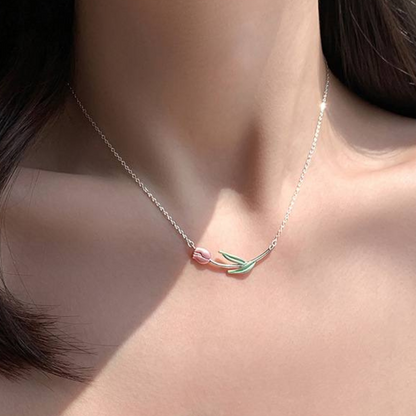 Dainty Tulip Silver and Enamel Necklace