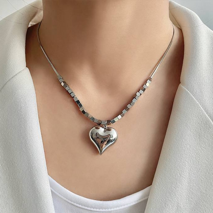 Stainless Steel Cubed Bead Heart Necklace