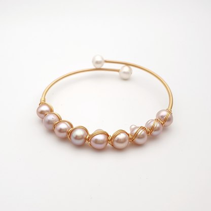 "Ninefold Radiance" Pearls Mystical Wire Wrap Gold Plated Bracelet