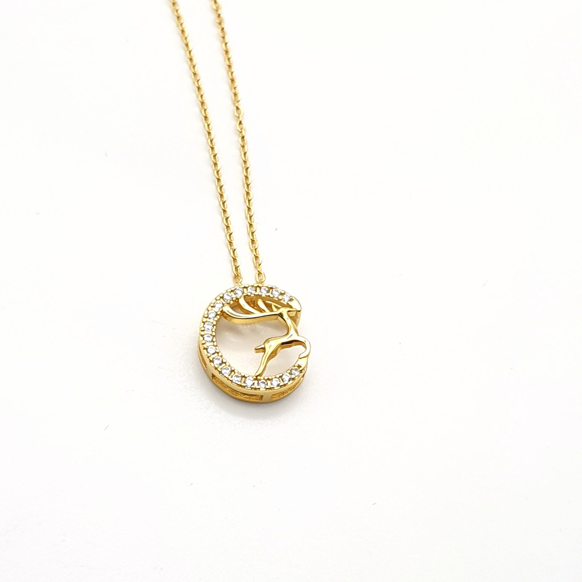 Stag Reindeer and Crescent Moon Pendant Necklace