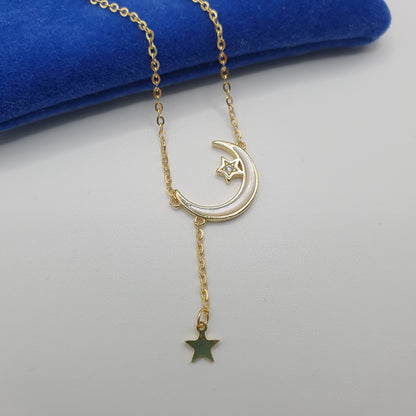 Crescent Moon and Two Stars Necklace - Gold