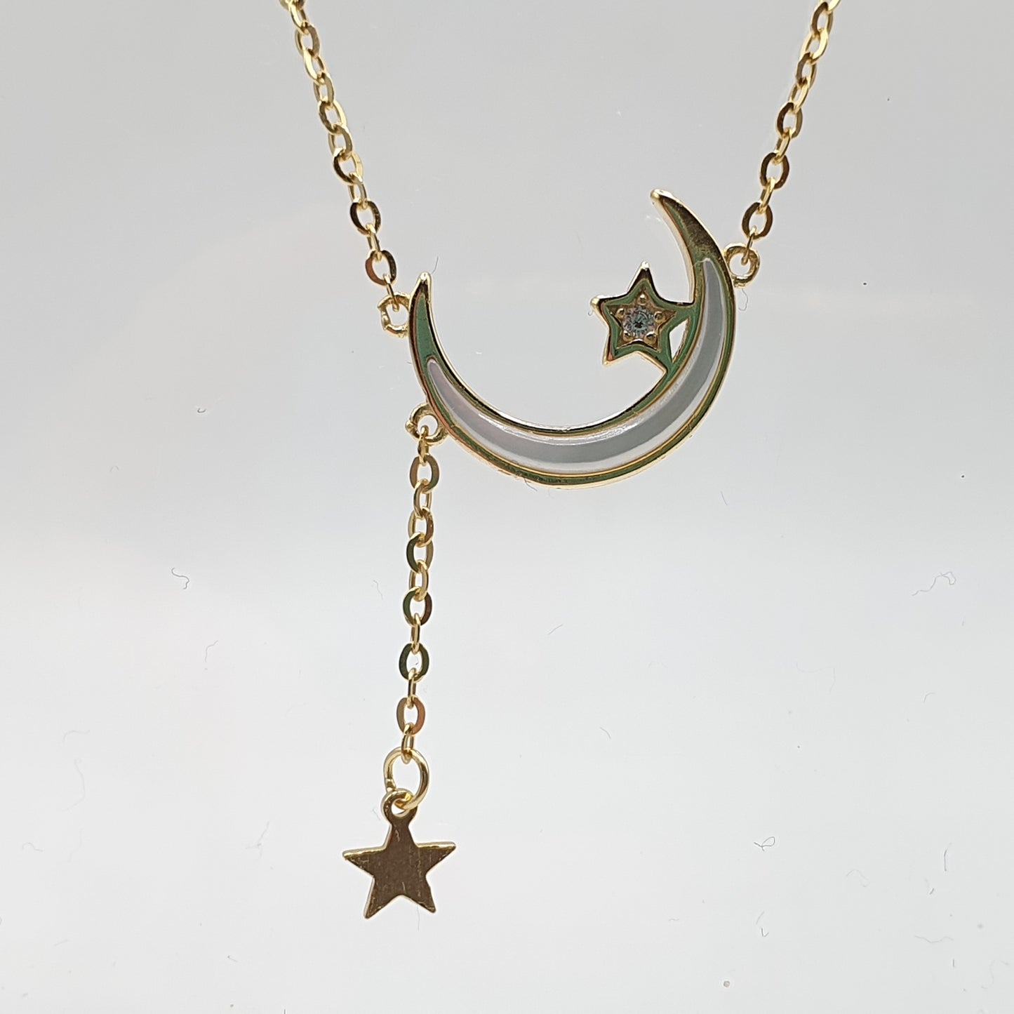 Crescent Moon and Two Stars Necklace - Gold