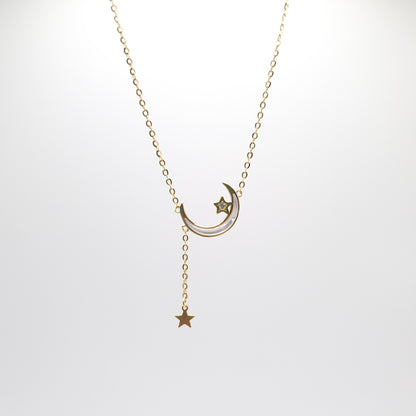 Crescent Moon and Two Stars Necklace - Gold