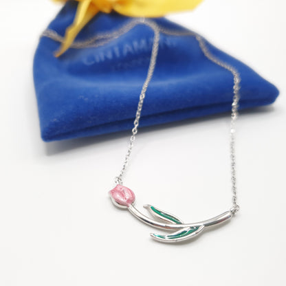 Dainty Tulip Silver and Enamel Necklace