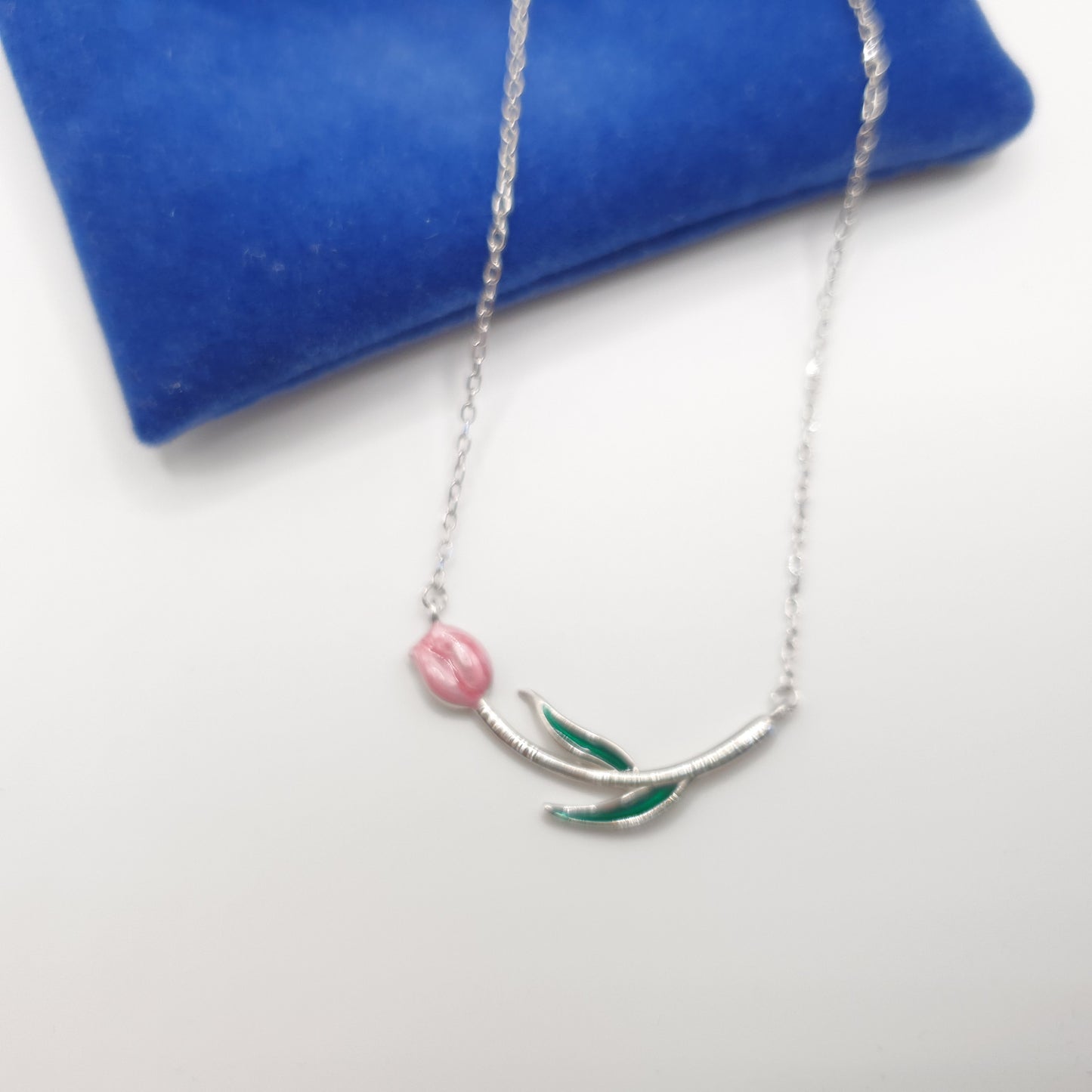 Dainty Tulip Silver and Enamel Necklace