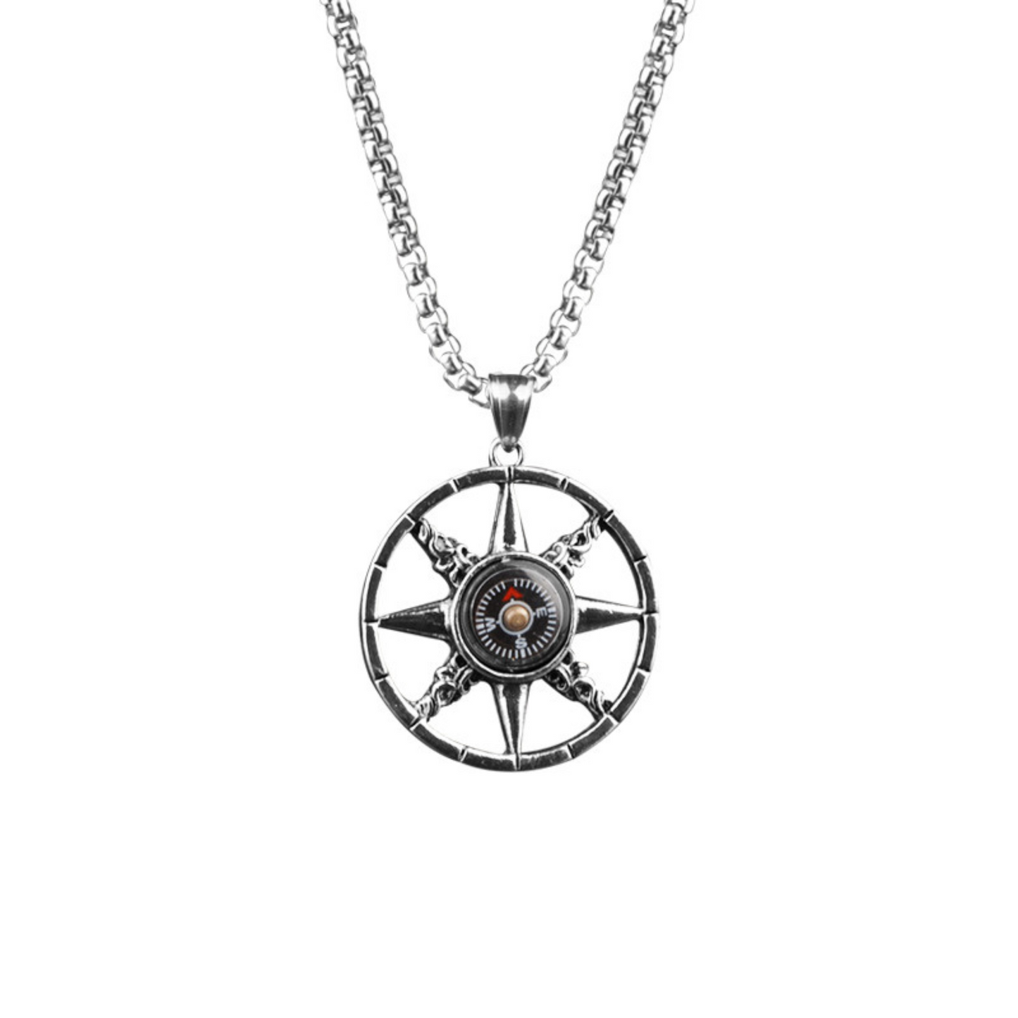 North Star Plain Edge Compass Pendant Chain Necklace