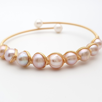 "Ninefold Radiance" Pearls Mystical Wire Wrap Gold Plated Bracelet