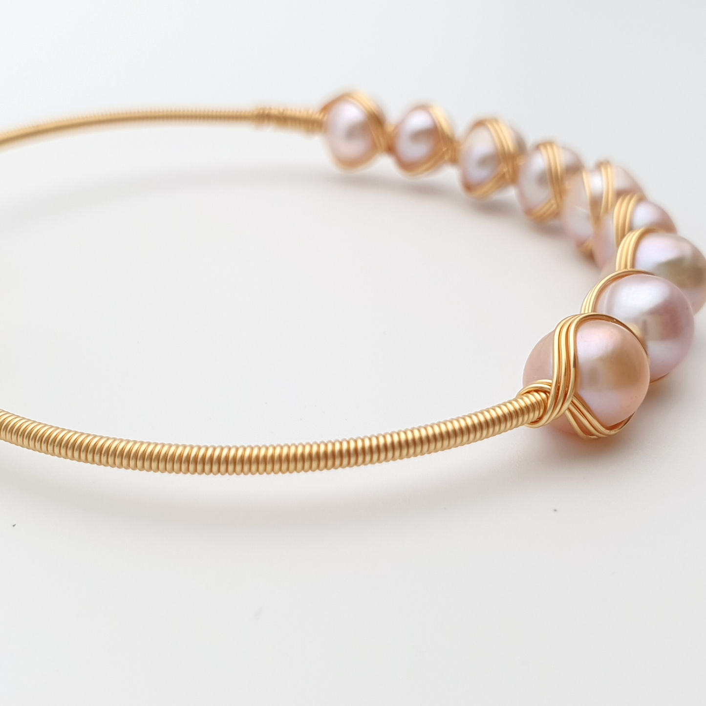 "Ninefold Radiance" Pearls Mystical Wire Wrap Gold Plated Bracelet