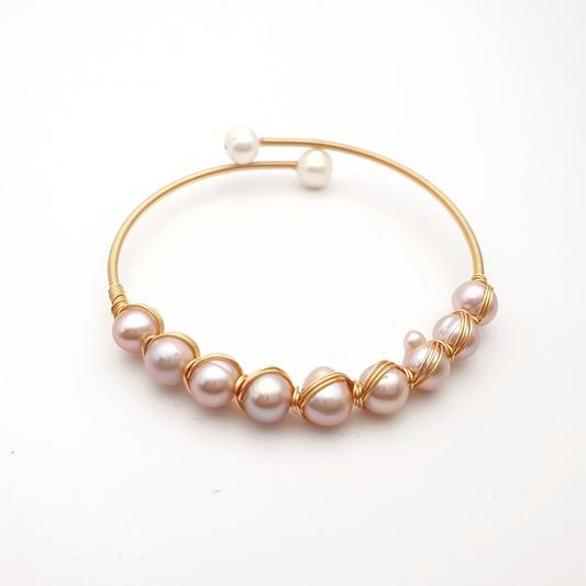 "Ninefold Radiance" Pearls Mystical Wire Wrap Gold Plated Bracelet