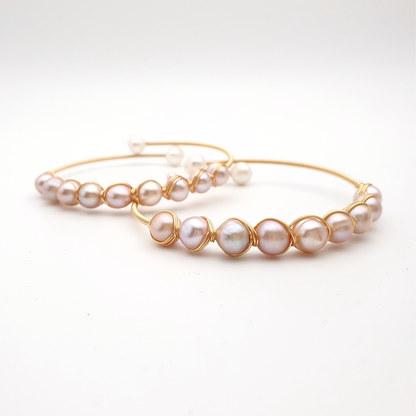 "Ninefold Radiance" Pearls Mystical Wire Wrap Gold Plated Bracelet