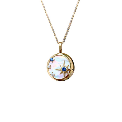 Moon and Stars Mother of Pearl Night Sky Gold Plated Necklace