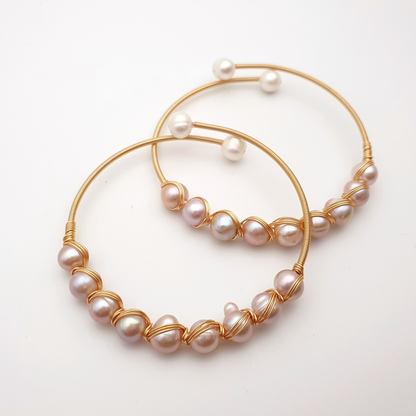 "Ninefold Radiance" Pearls Mystical Wire Wrap Gold Plated Bracelet