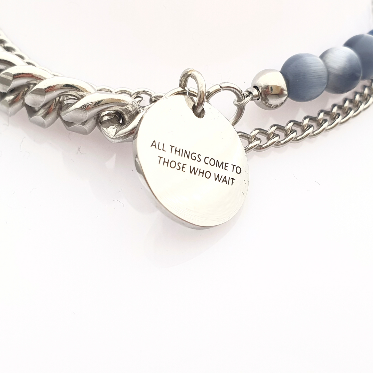 All Things Disk - Blue and Grey Stones and Stainless Steel Bracelet