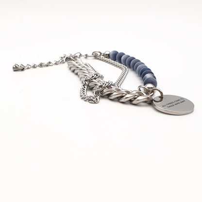 All Things Disk - Blue and Grey Stones and Stainless Steel Bracelet