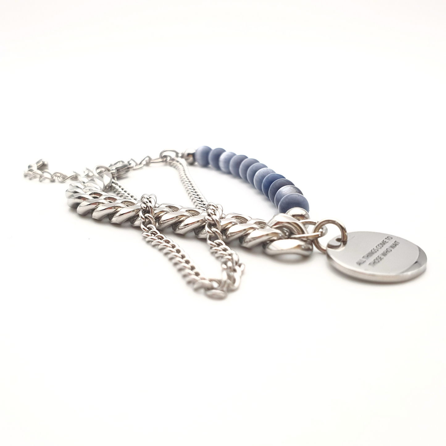 All Things Disk - Blue and Grey Stones and Stainless Steel Bracelet