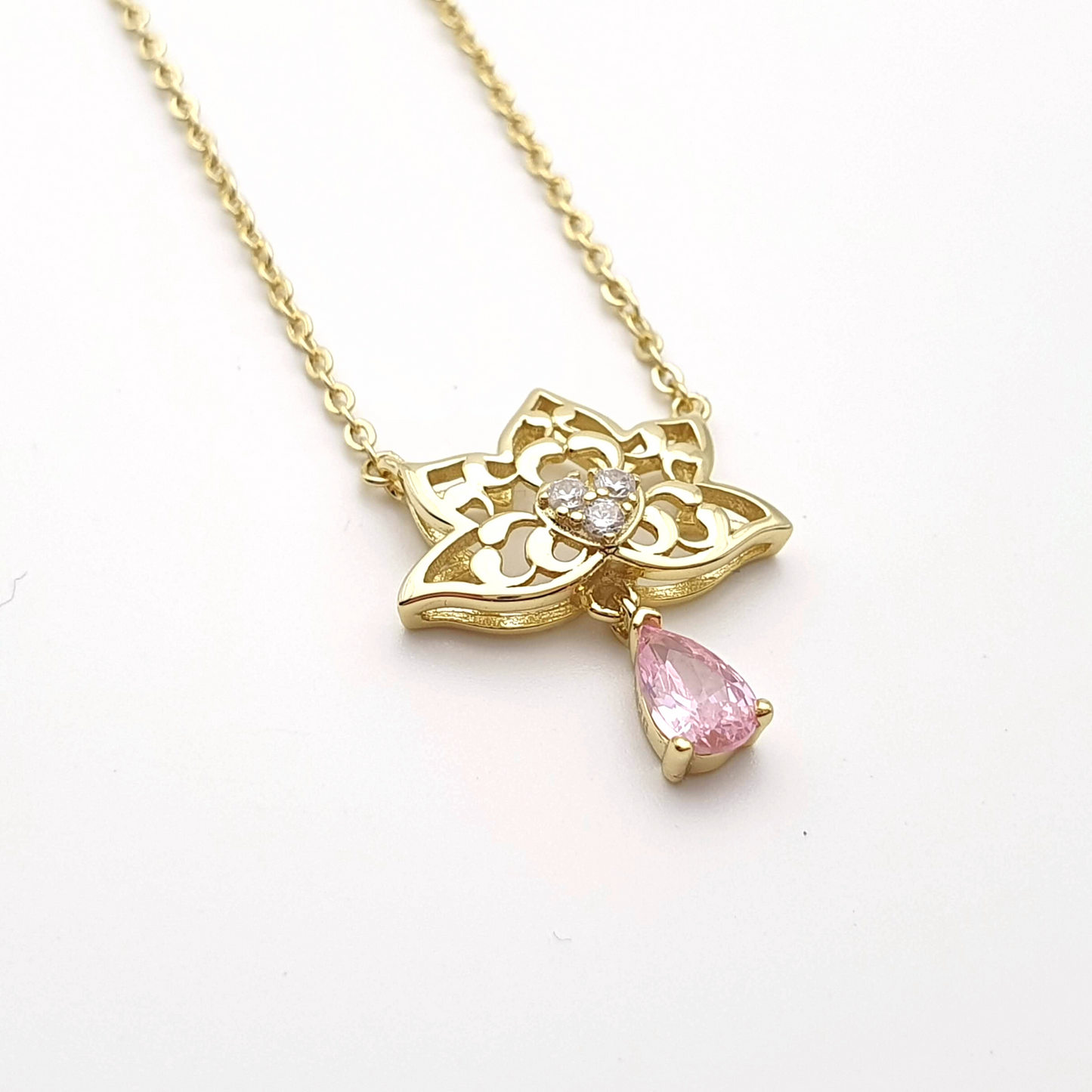 Drop Simulated Pink Sapphire Lotus Pendant Necklace