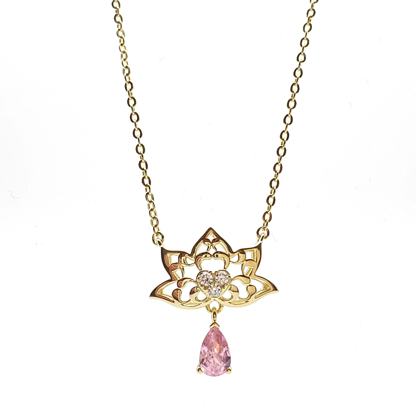 Drop Simulated Pink Sapphire Lotus Pendant Necklace