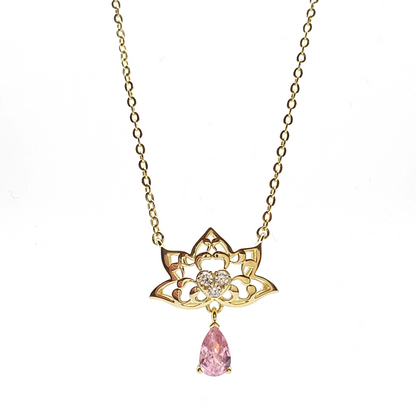 Drop Simulated Pink Sapphire Lotus Pendant Necklace