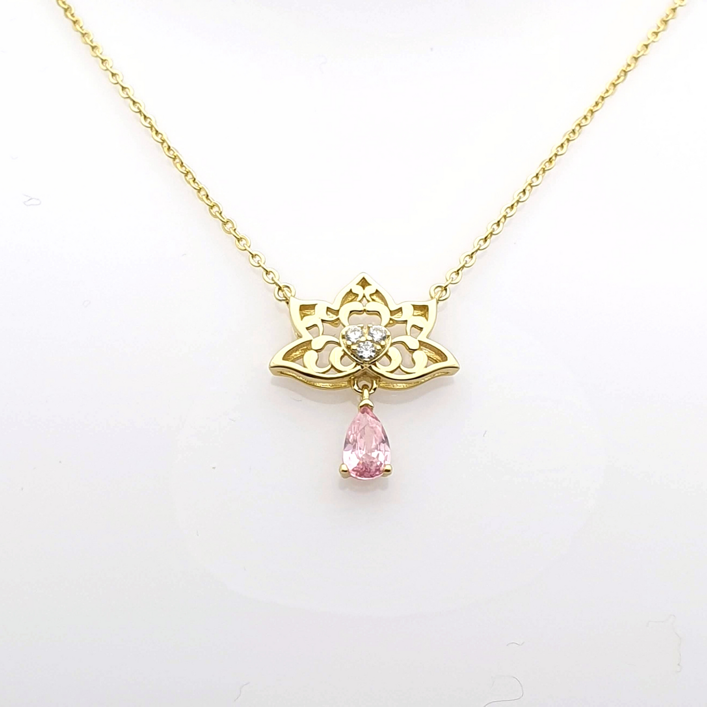 Drop Simulated Pink Sapphire Lotus Pendant Necklace