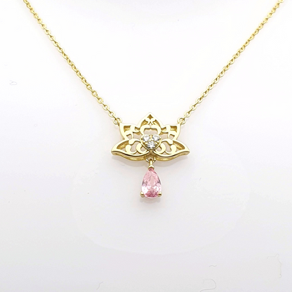 Drop Simulated Pink Sapphire Lotus Pendant Necklace