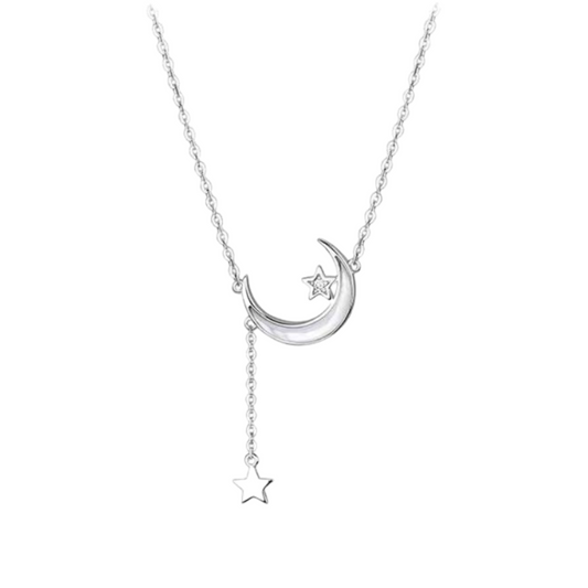 Crescent Moon and Two Stars Necklace - Silver