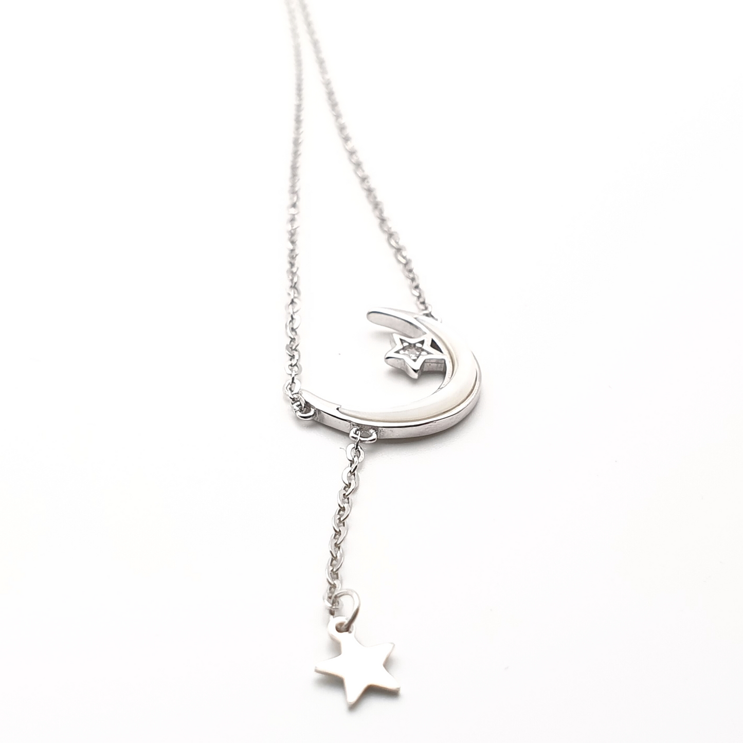 Crescent Moon and Two Stars Necklace - Silver