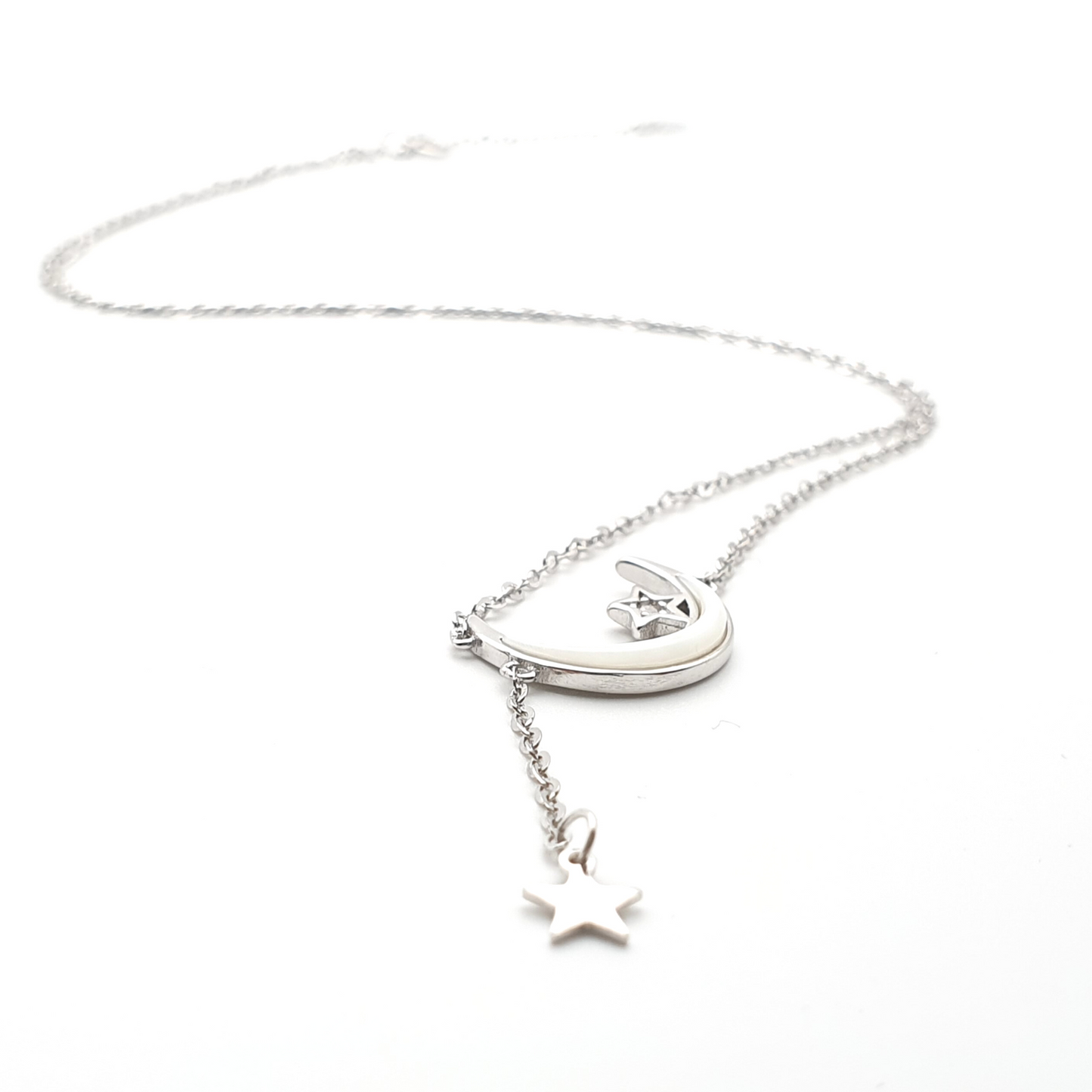 Crescent Moon and Two Stars Necklace - Silver