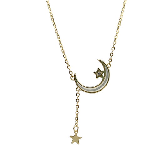 Crescent Moon and Two Stars Necklace - Gold