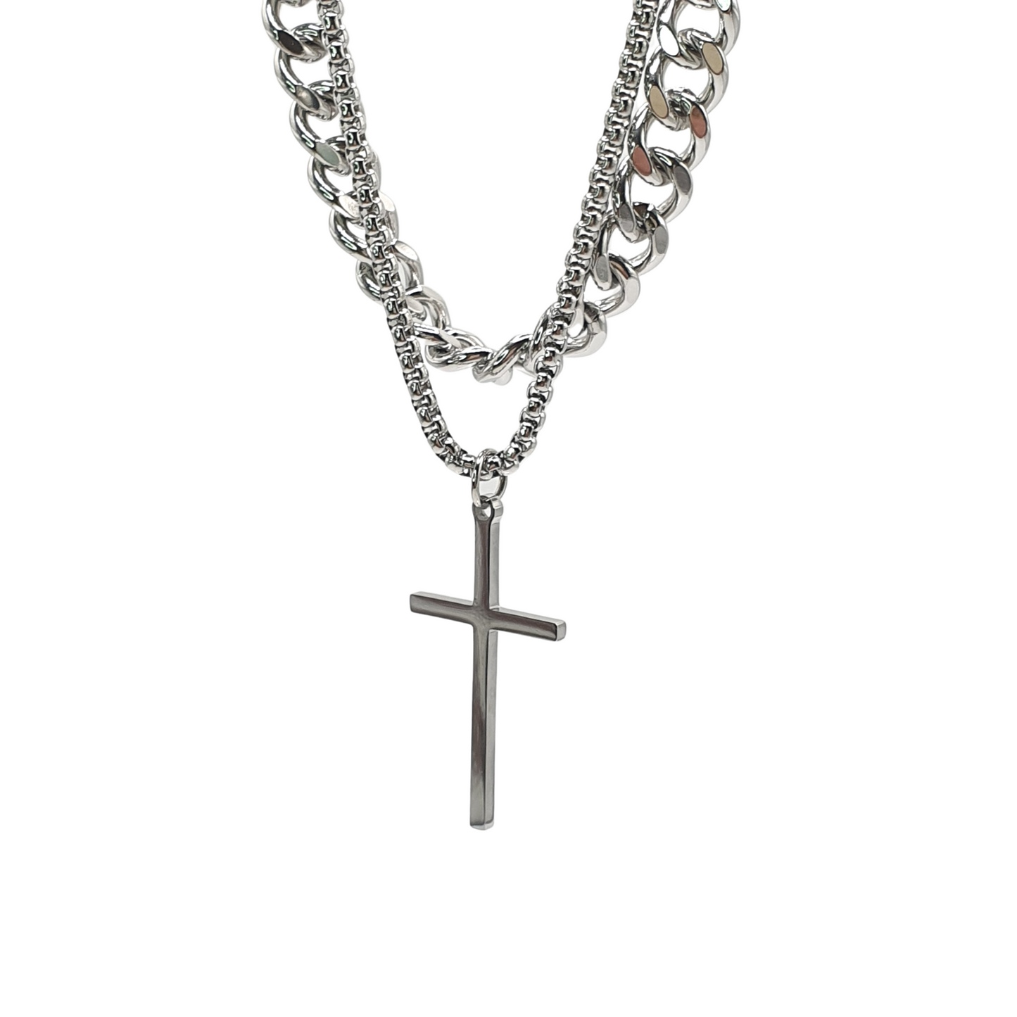 Layered Cuban and Box Chain Cross Necklace