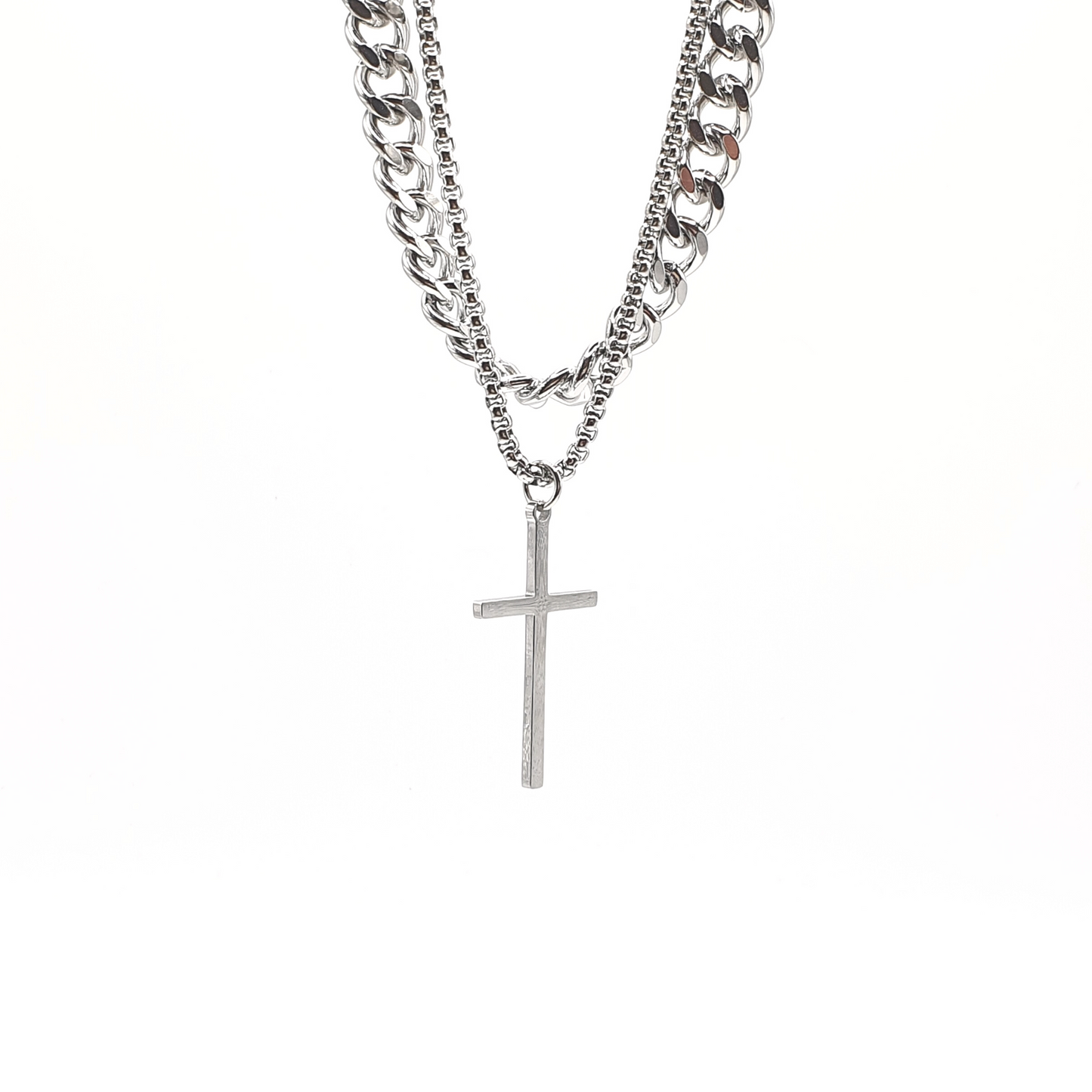 Layered Cuban and Box Chain Cross Necklace